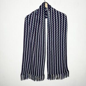 Missoni Zig Zag Stripe Purple Blue Fringe Scarf Wool Blend Long Designer Winter